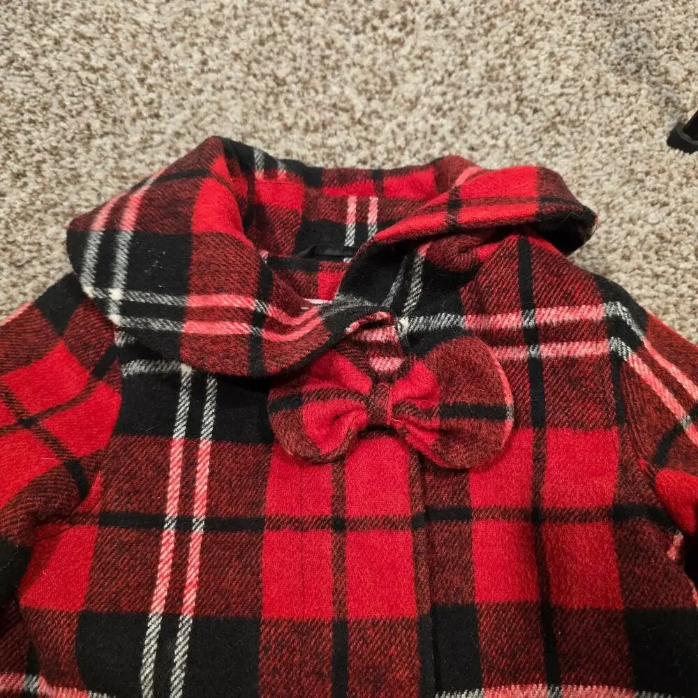 Baby Girl London Fog Red Plaid Wool Blend Full Zip Peacoat | Size 18 Months